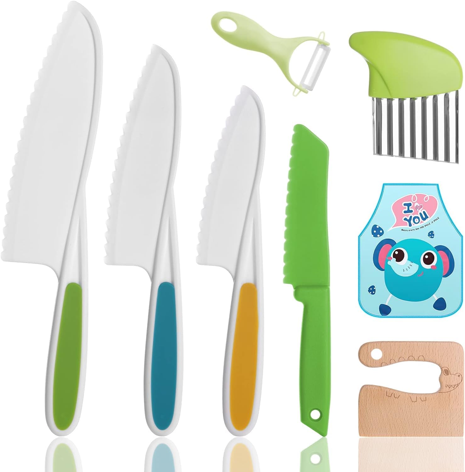 8 Pcs Kids Kitchen Knife Set Wooden Kids Knife for Chopping with Cutting Board, Peeler, 4 Sizes Children's Cooking Knives, Fruit Vegetable Knives with Serrated Cutting Edges for Fruit Salad Cake