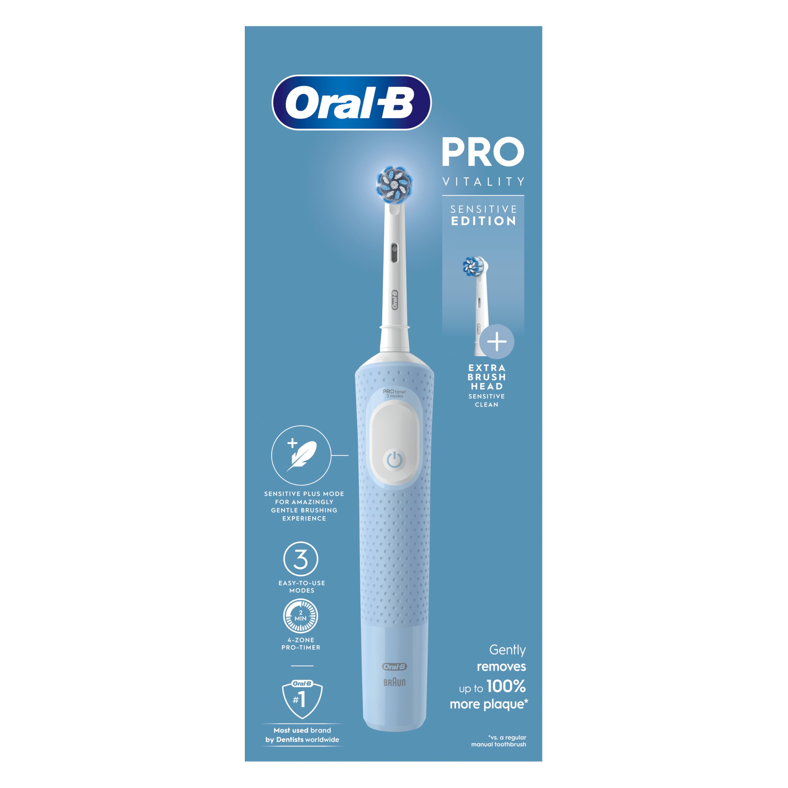 Oral-B Vitality Pro Electric Toothbrushes Adults, Christmas Gifts For Women / Him, 1 Handle, 2 Toothbrush Heads, 3 Brushing Modes Including Sensitive Plus, 2 Pin UK Plug, Blue