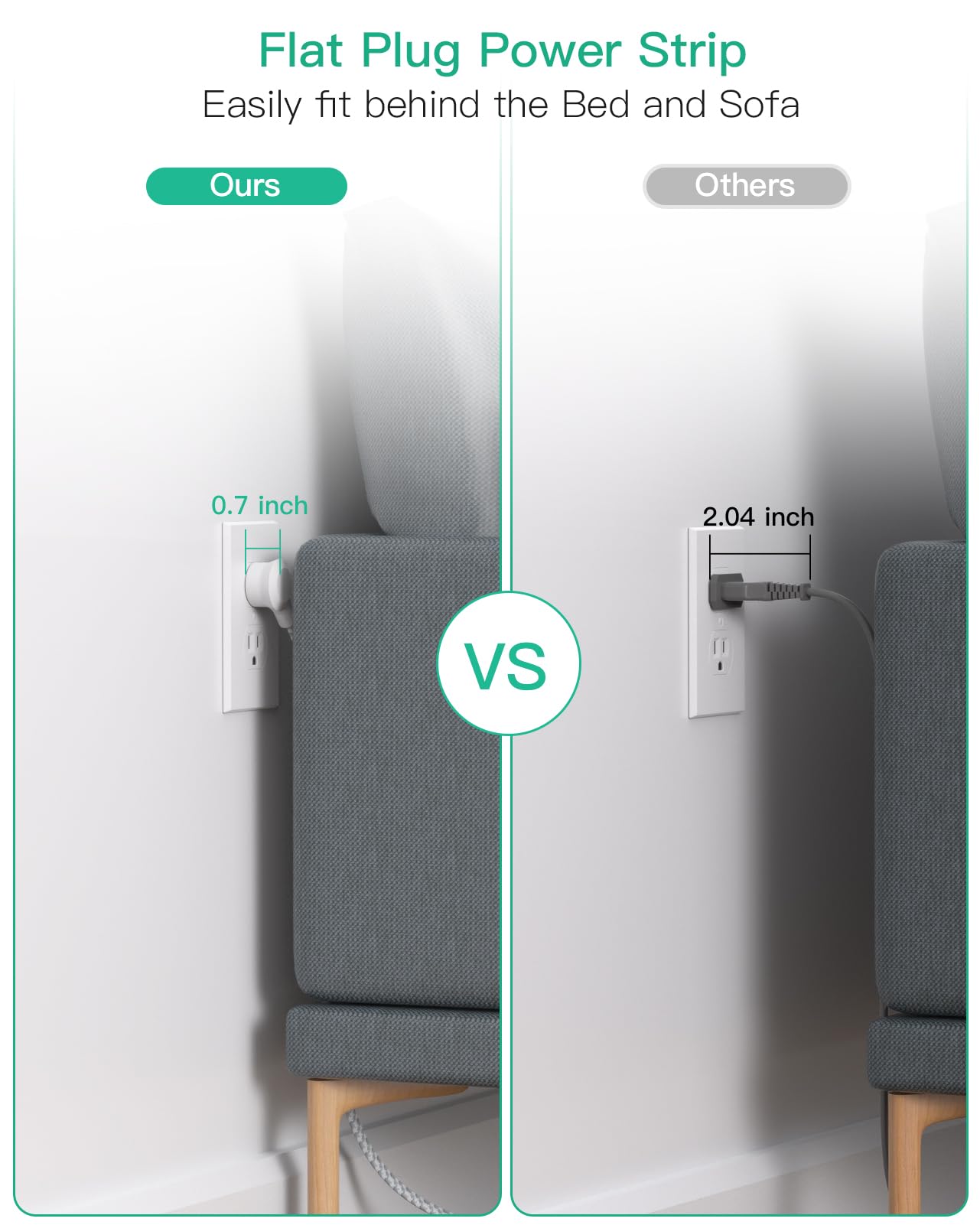 Power Strip - 10 FT Long Flat Plug Extension Cord, 6 Outlets 2 USB A 2 USB C Ports Outlet Extender with Overload Protection, Wall Mount, Desktop Charging Station for Home, Office and Dorm Essential