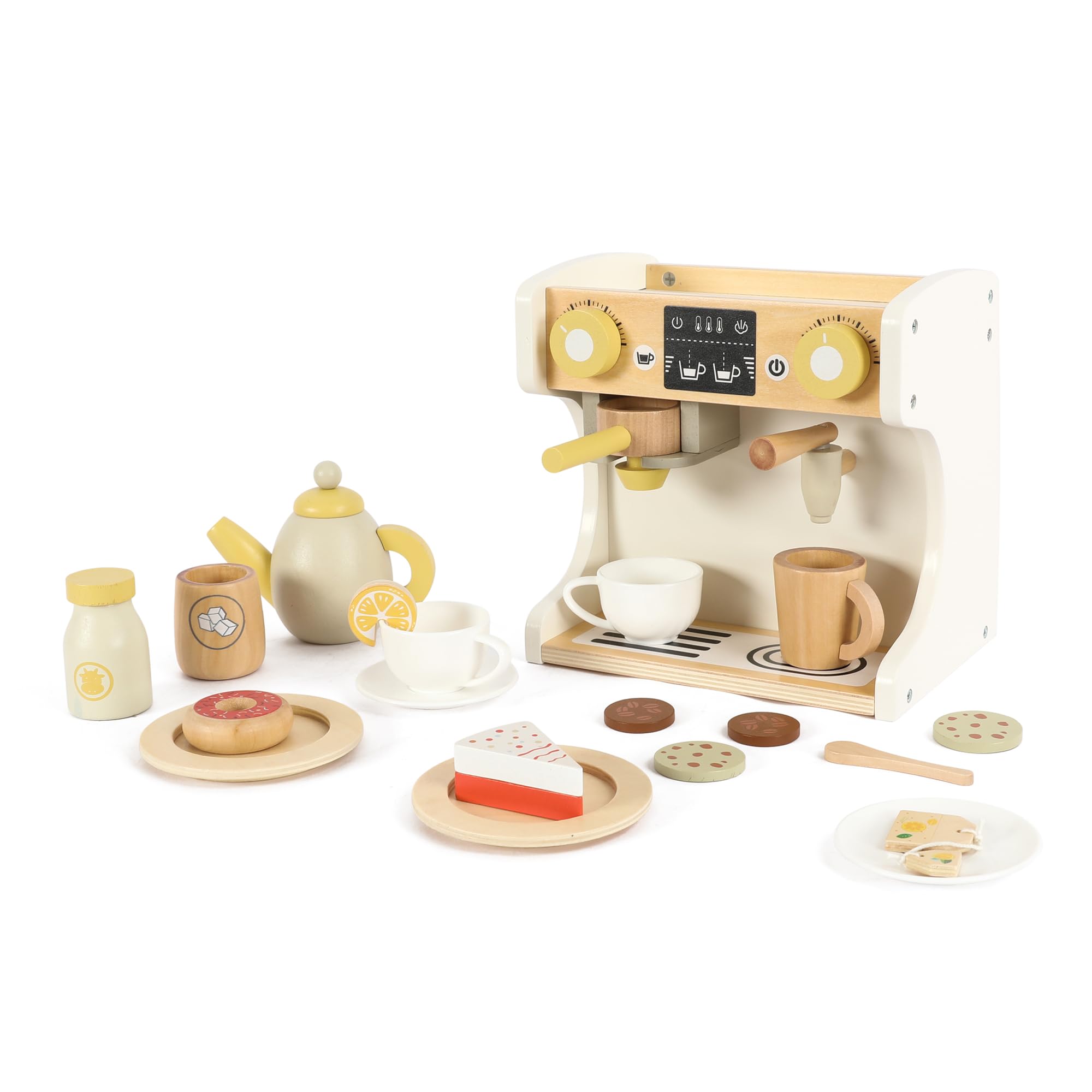 Holz Kaffeemaschine Spielzeug für Kinder, Montessori Espresso Maschine zum Rollenspiel mit Kaffeetassen und Desserts, Kinderküche Spielzeug, Geschenk für Jungen & Mädchen
