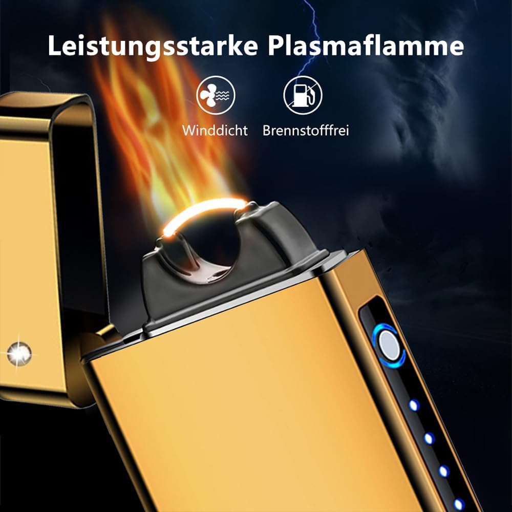 GADATOP Elektrisches Plasma-Feuerzeug Mit LED-Batterieanzeige - Wiederaufladbar, Flammenlos, Sturmfest für Kerzen, Grill und Camping (Gold)