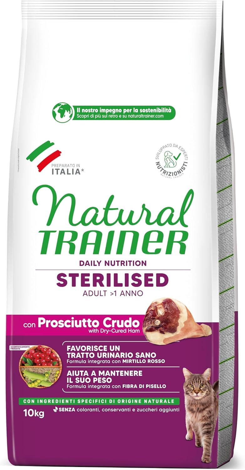 Natural Trainer per Gatti Cibo Secco Daily Nutrition Sterilised Adul con Prosciutto, Mirtillo Rosso e Fibre di Pisello 3 KG - Favorisce un Tratto urinario Sano e la Lucentezza Del Pelo