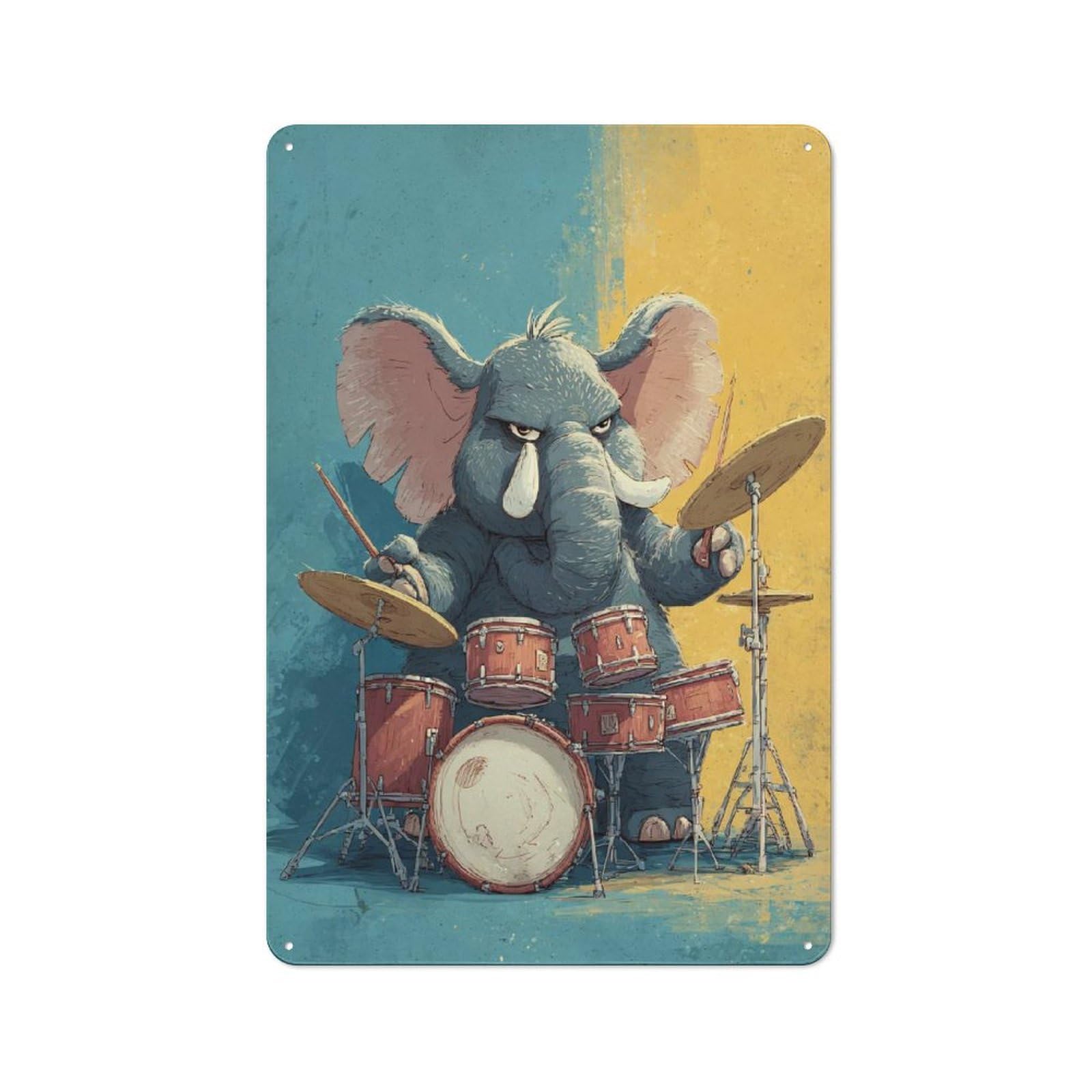 Junmoney Style-14 Industrial Metal Sign With Elephant Drummer Cartoon Illustration Design 30X20cm, Modern Retro Loft Wall Plaque For Workspace, Cafe, Hallway Or Garage