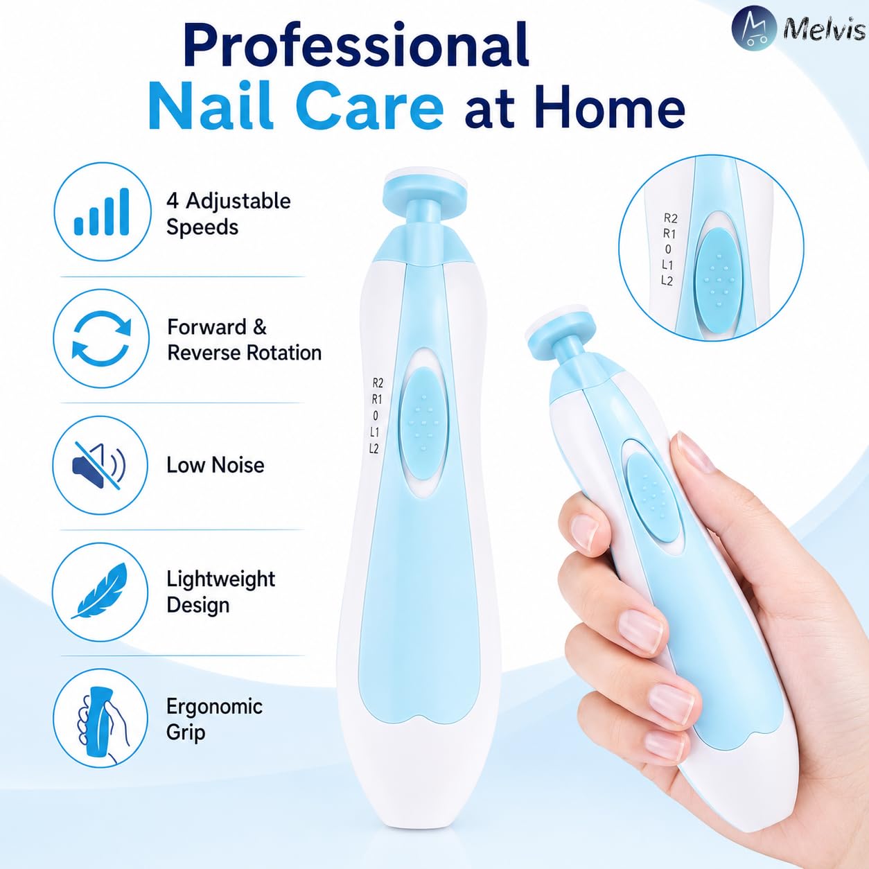 MELVIS Electric Baby Nail Trimmer with LED Light | Gentle Nail Cutter & Filer for Newborn 0β6 Months | Adjustable Speed, Multiple Heads, Quiet Baby Grooming Kit 2