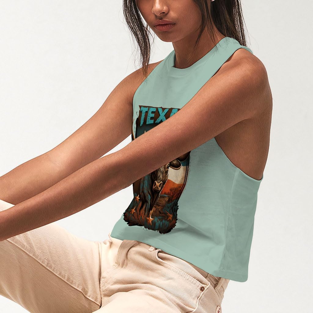 Texas Longhorn Racerback Cropped Tank - Animal Design Women's Tank - Graphic Art Tank Top