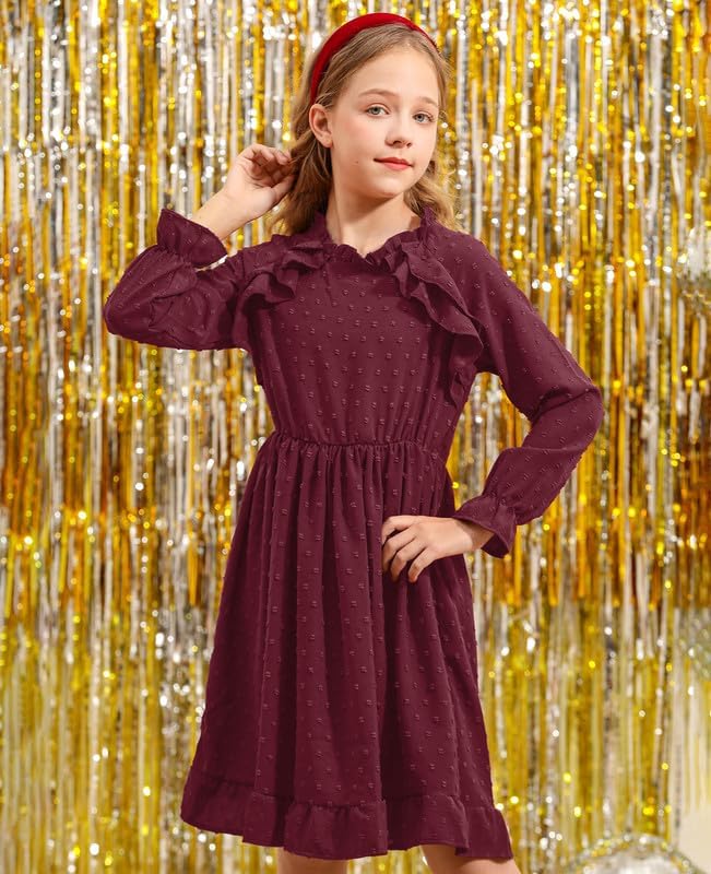 BesserBay Fall Girls Ruffle Trim Long Sleeve Swiss Dot Ruffle Collar Midi Dress 4-14 Years3