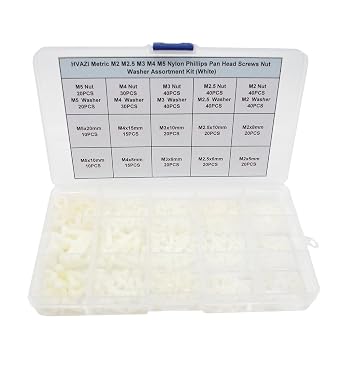 510PCS M2-M5 White Nylon Phillips Pan-Head Screw Nut & Washer Kit | Metric M2 M2.5 M3 M4 M5 Pan Head Screws, Nuts & Flat Washers Assortment, Insulating Fasteners with Box
