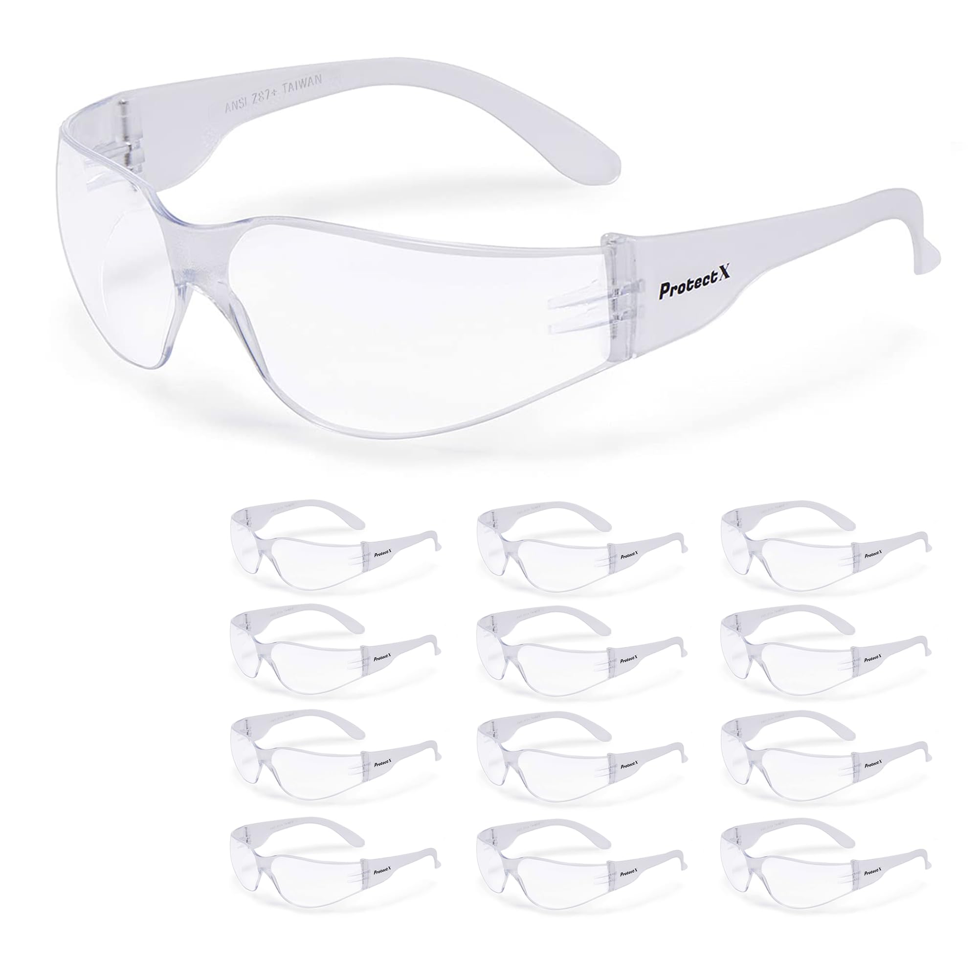 ProtectX Gafas de seguridad de policarbonato resistente a los impactos, lentes antiniebla, protección UV ANSI Z87.1, paquete de 12 (transparente)