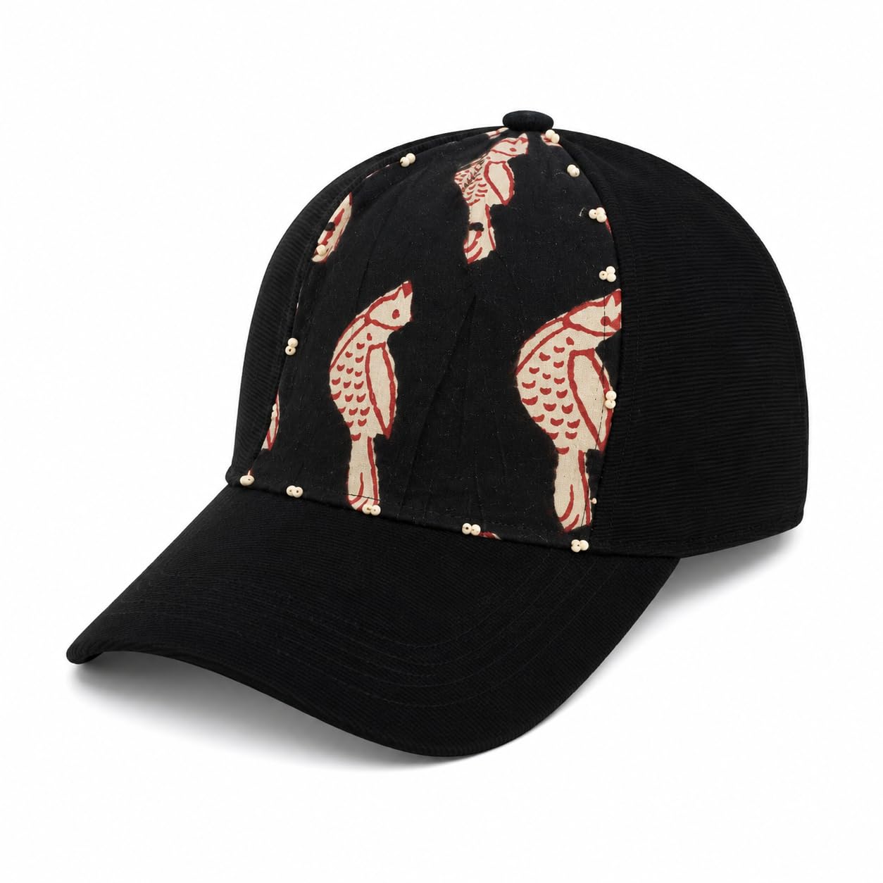 Women's Black Baseball Cap with Block Print Bird Motif-image-40