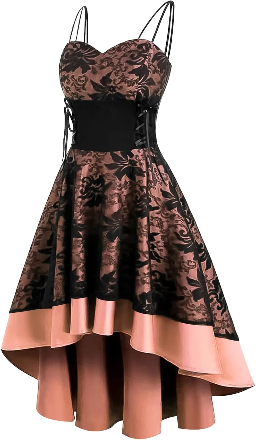 Women’s Vintage Steampunk Dress Spaghetti Strap Bandage Dresses Floral Lace High Low Dress Lolita Halloween Costumes