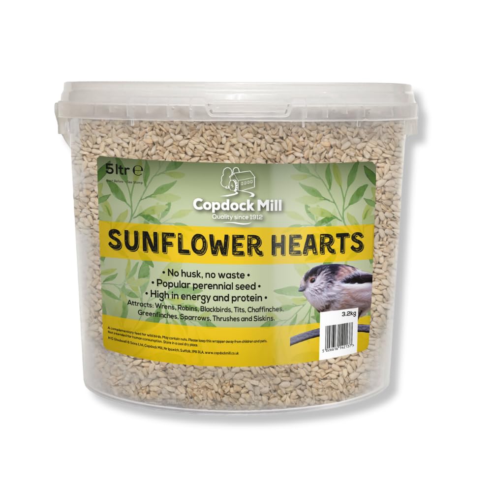 Copdock Mill Sunflower Hearts Bird Food 3.2kg / 5L Tub – No Mess Sunflower Hearts for Wild Birds – Bird Seed Suitable for Sunflower Seeds Feeders & Bird Tables