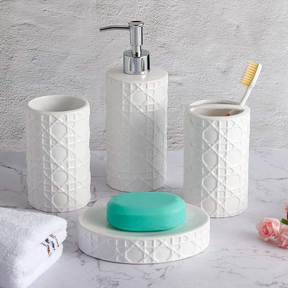 CAA'S Bathroom Accessories Set Ceramic 4 Pieces Bathroom Ensemble for Bath Decor Includes Lotion Dispenser Toothbrush Holder Tumbler Soap Dish (White Netting) - Image 2