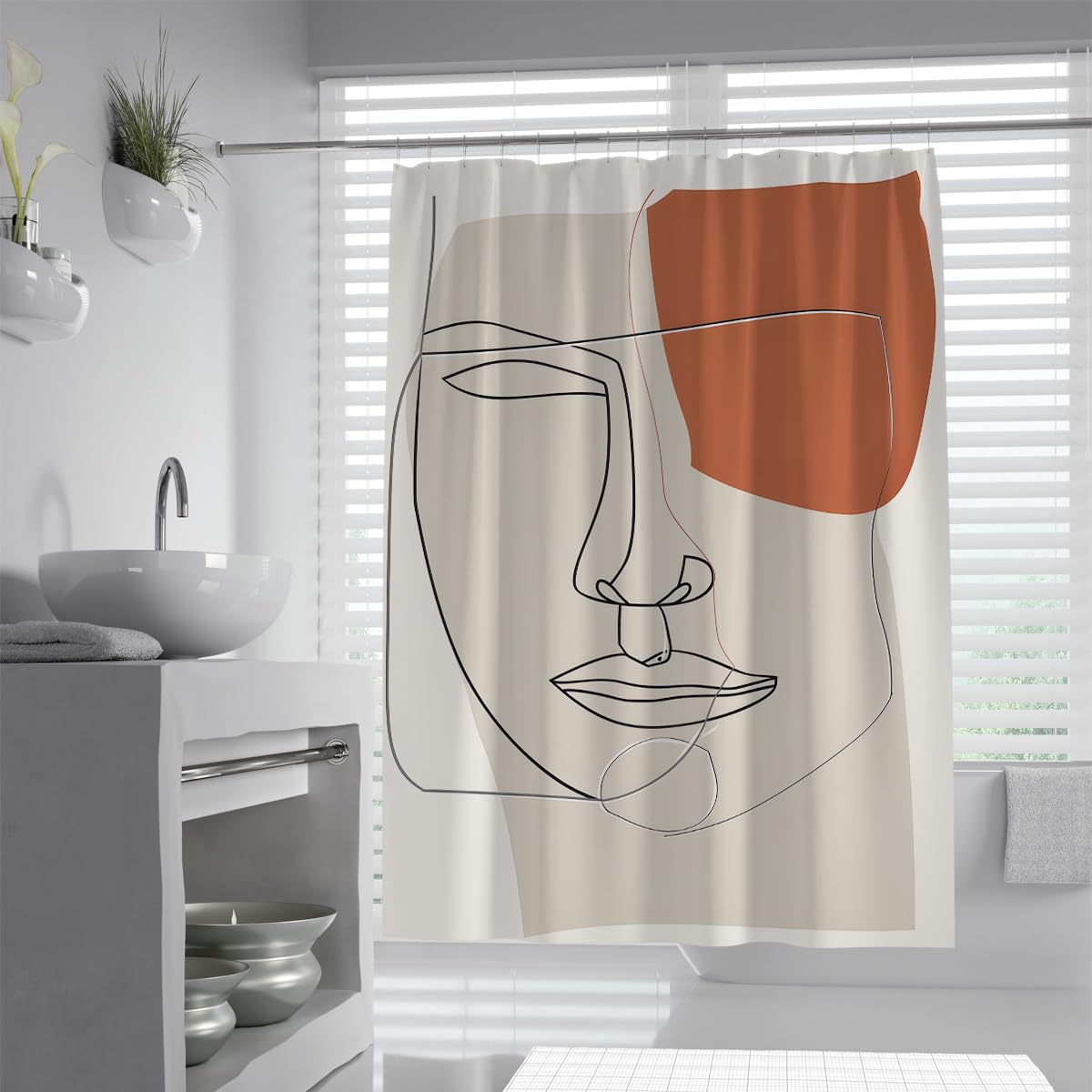 Uiringart Shower Curtains Terracotta Grey Abstract Line Face W180xl200cm Modern Minimalist Waterproof Water Repellent Walk In Shower Decor With Hook