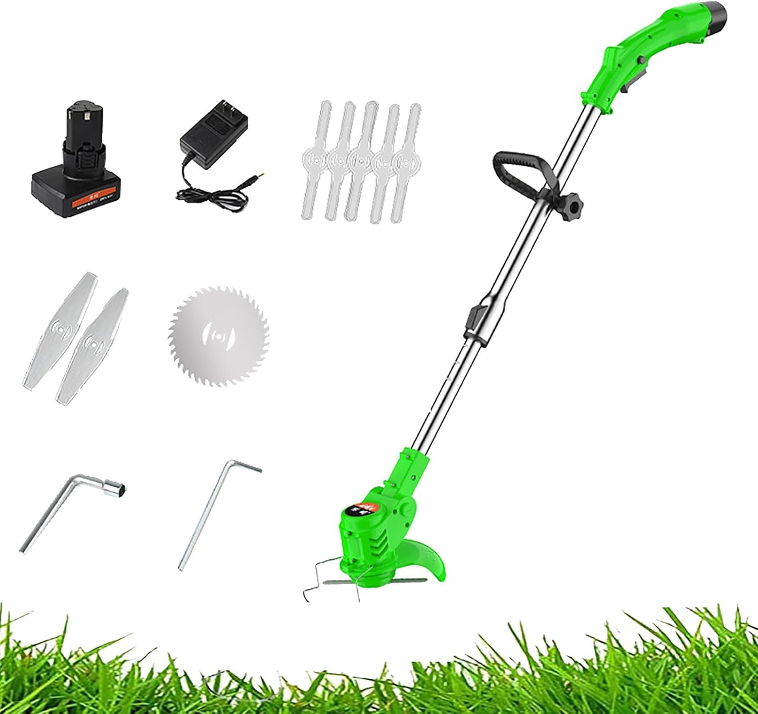 Cortadora Césped Eléctrica Inalámbrica,Desbrozadora Electrica 24 V 11000 Mah 6000 Rpm 90-120Cm Mango Telescopico Cabeza 90 ° Pivotes Cabeza Ajustable Para Parques, Verde