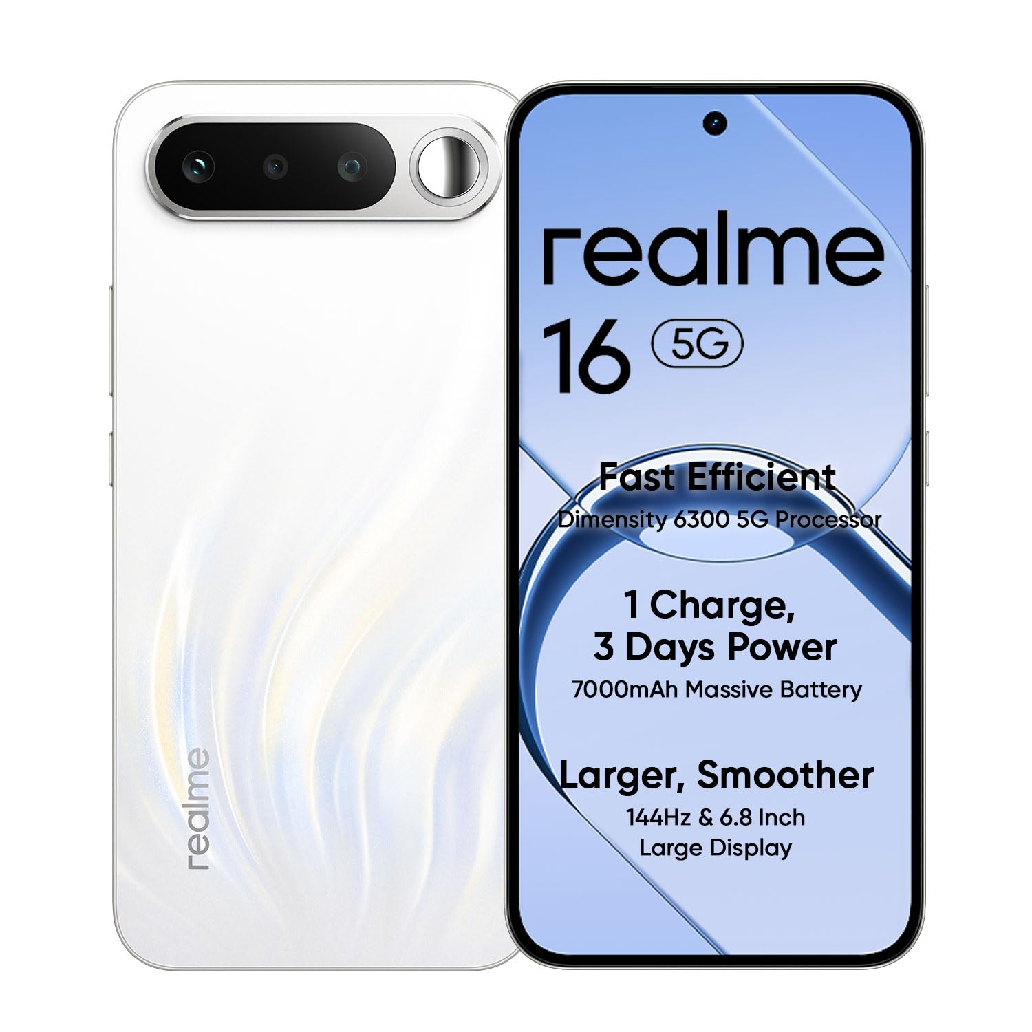 realme 16 5G Smartphone 8+256GB White, 6.57-inch Screen, 144Hz Display, 7000mAh Battery, 60W Fast Charging, Rear50MP+Front50MP AI Camera, MediaTek Dimensity 6400 Turbo,IP69