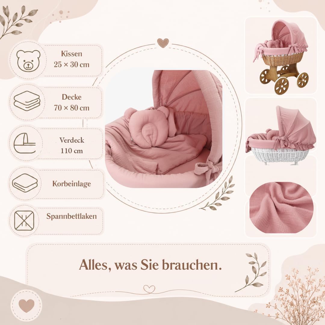 Wiklinopol Baby Bettwäsche Set 5-teilig Musselin Verdeck 110 cm Rosa | Stubenwagen Bezug Set, Babybettwäsche aus 100% Baumwolle, Decke 70x80 cm, Kissen 25x30 cm, Spannbettlaken, Einlage Ø 260 cm