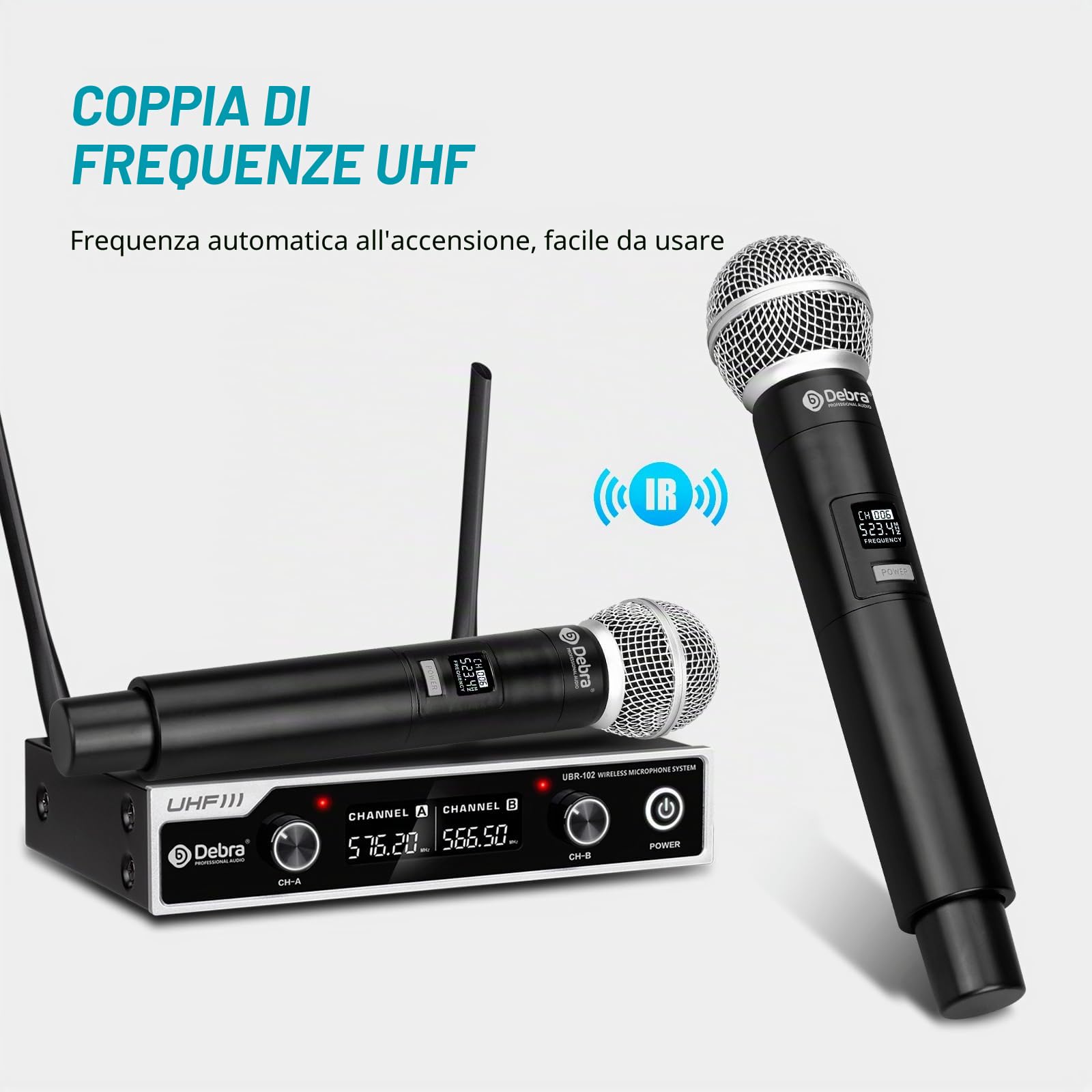 D Debra UHF UBR-102 microfono senza fili con doppio microfono cordless portatile, portata 80m, anti-rumore, per chiesa, riunioni, karaoke, matrimoni (2 microfono portatile)