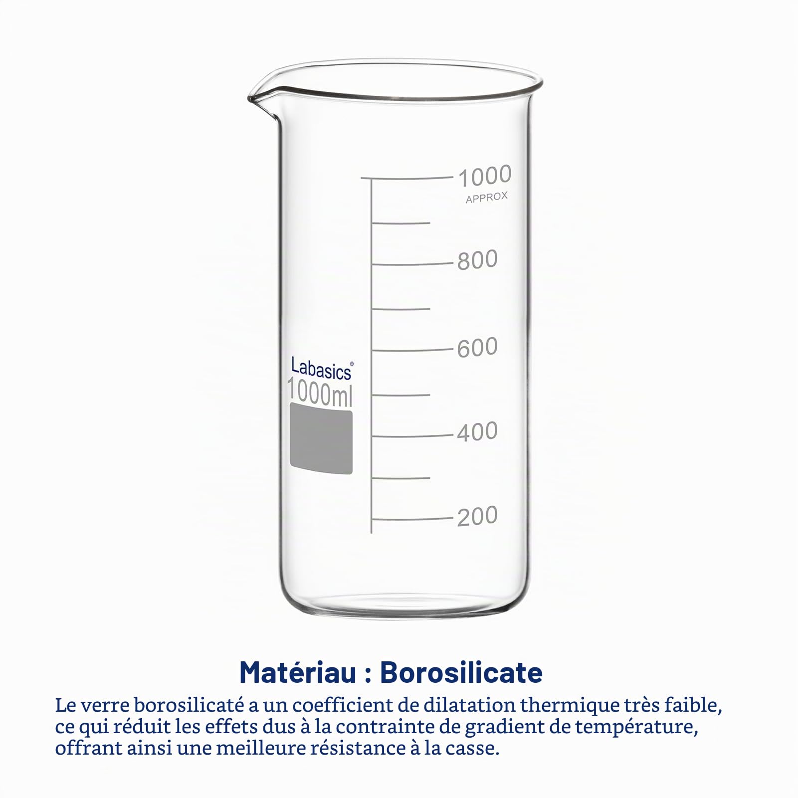 Labasics Bécher Haut en Verre, Bécher Haut Gradué en Verre Borosilicate avec Bec Verseur, Forme Griffin, 1 Pièce, 1000 ml