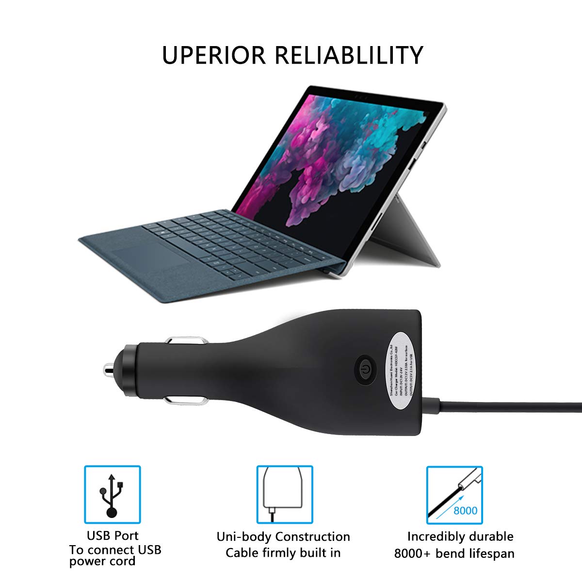 Surface Caricatore da Auto per Computer Portatile, 36W 12V 2,58A per Microsoft Surface Pro (2017), Book, Pro 3/4, Con Porte USB 5V 2,1A Ricarica Rapida per Smartphone