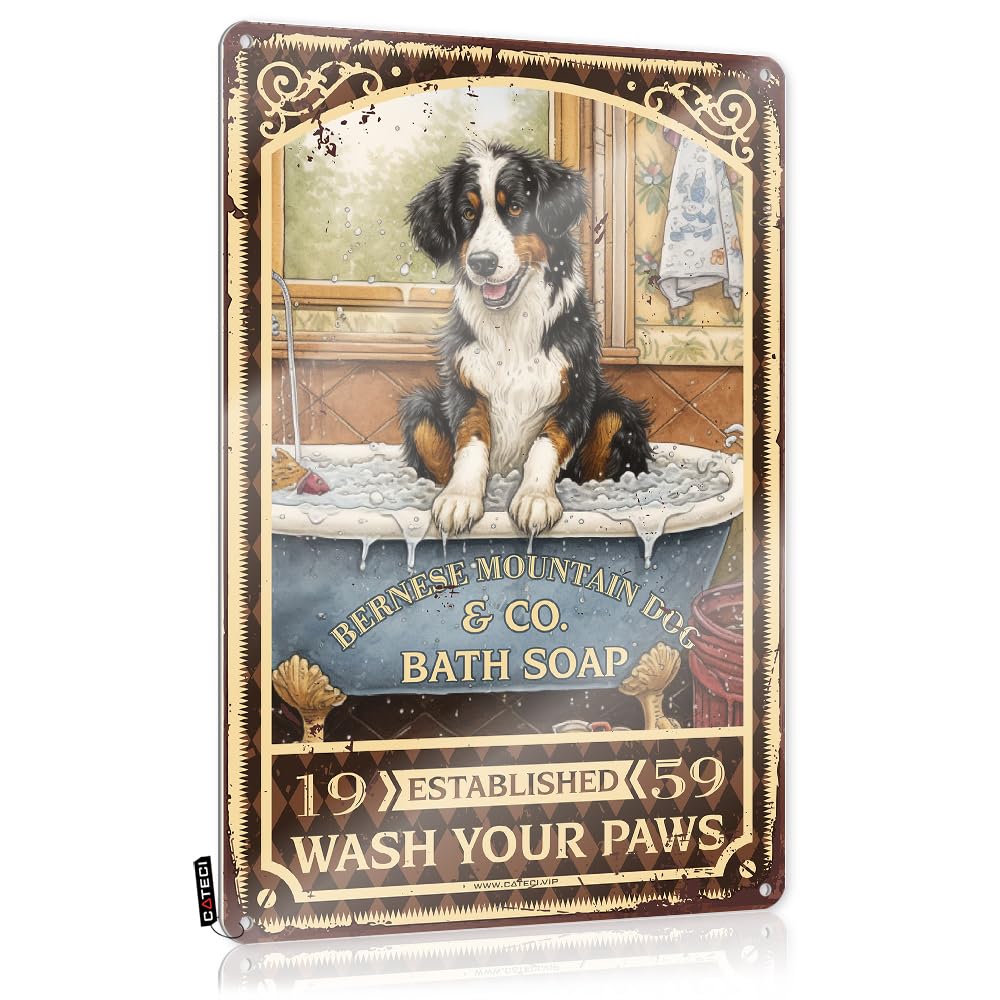 Vintage Signs Metal Bernese Mountain Dog Bath Soap Wash Your Paws Tin Sign Metal Garden Decorboho Wall Decorbedroom Postersgirl Decor(20X30CM)