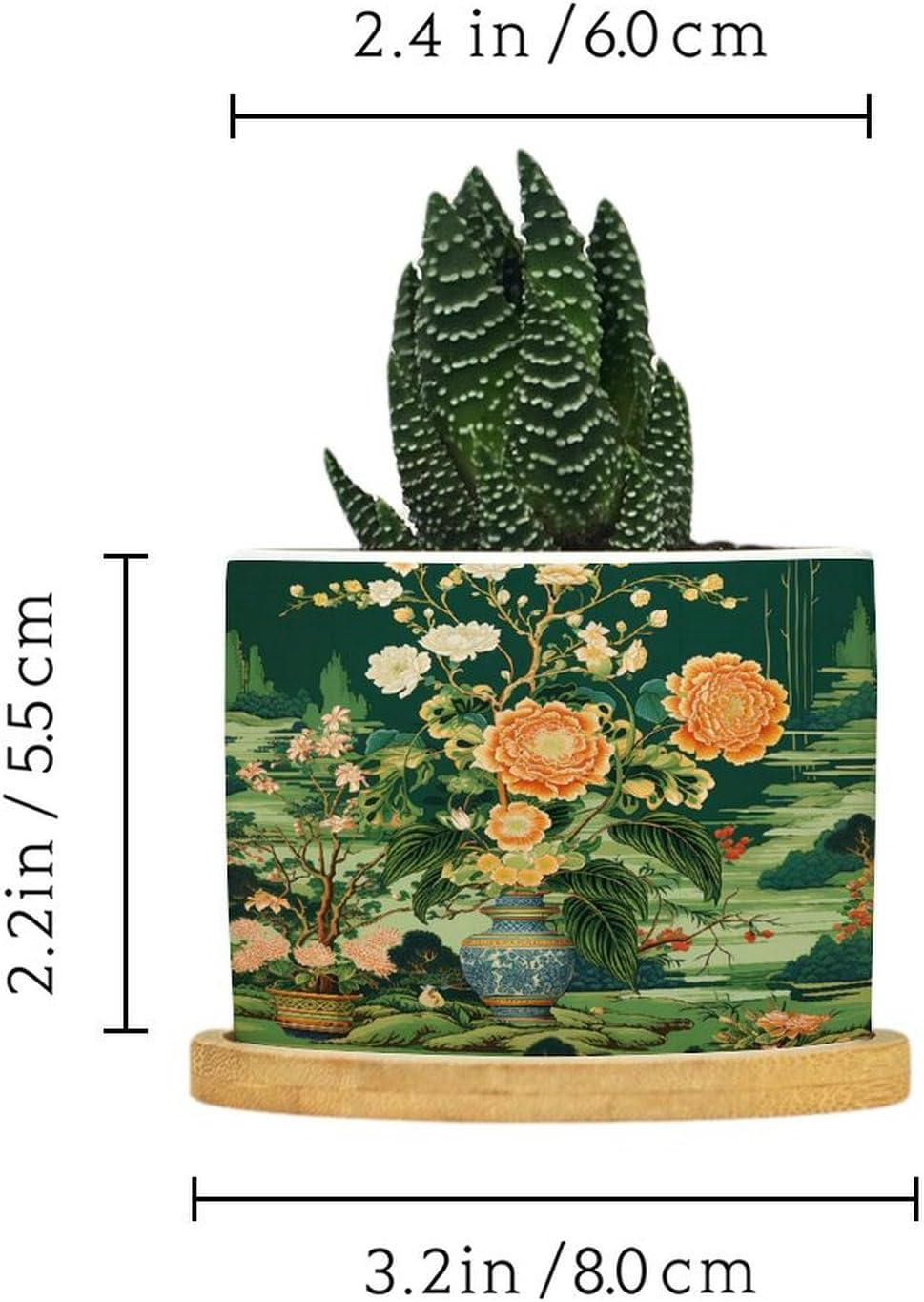 Vase Green Chinoiserie Planter Ceramic Daily Round Plant Pots with Drainage Holes and Bamboo Tray Pot for Succulents Cactus Garden Windowsill
