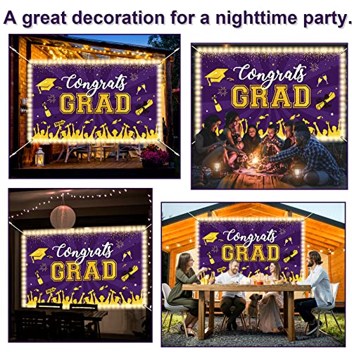 Image of Purple Graduation Banner with Led-Light Strips 71 inch x 43 inch Class of 2024 Congrats Grad Backdrop Graduation Party Decorations for 2024 Prom Graduation Party Decor Supplies