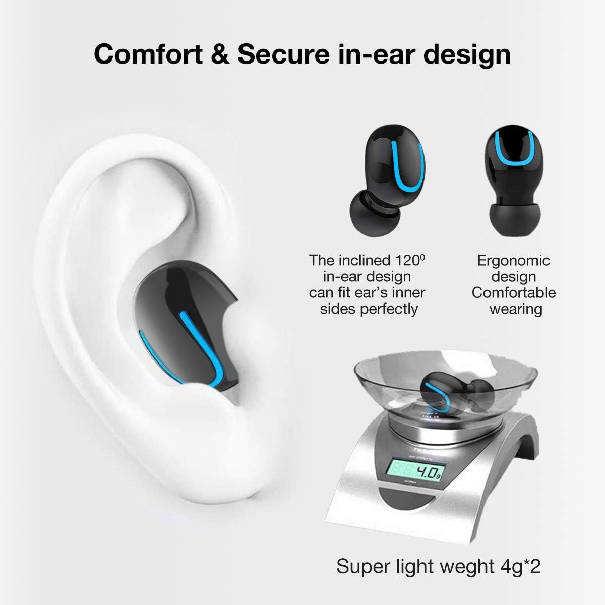 An earbud comfortably seated in an ear, illustrating the inclined in-ear design and ergonomic fit. Also shows the earbuds on a scale, indicating their super lightweight of 4g each.
