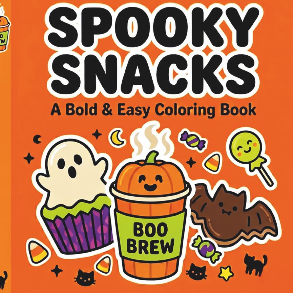 Spooky Snacks Coloring Book: Bold and Easy Halloween Doodles for Adults and Kids, Simple and Big Designs for Stress Relief and Relaxation featuring Cute Ghosts, Magical Treats, and Fun Snacks.