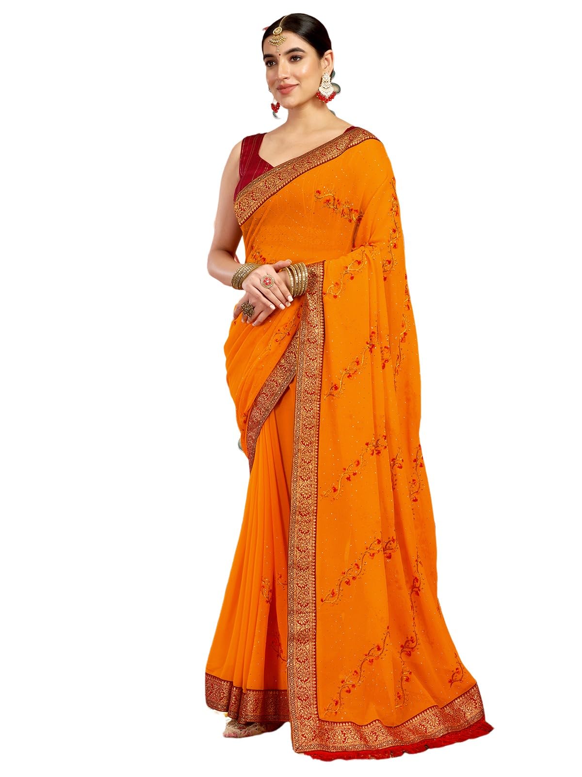 Satrani Women's Georgette Embroidery & Stone Work Saree With Unstitched Blouse Piece (4065S2826N_Yellow)