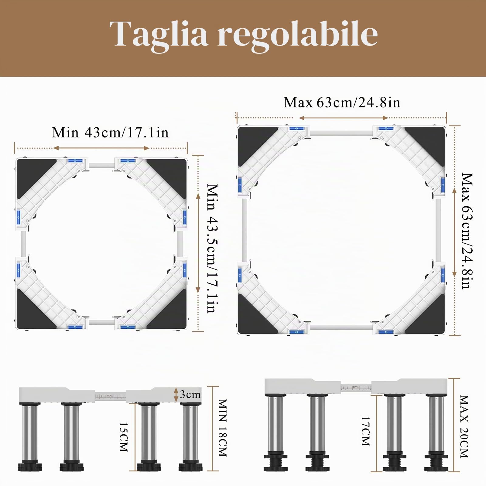 DEWEL Base per lavatrice regolabile 43-66,5 cm, 12 piedi, bianco