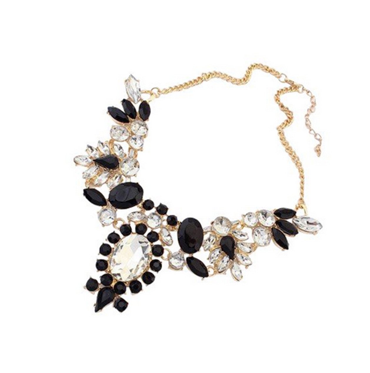 Black & Crystal With Gold Chain Shourouk Style Statement Fashion Necklace.