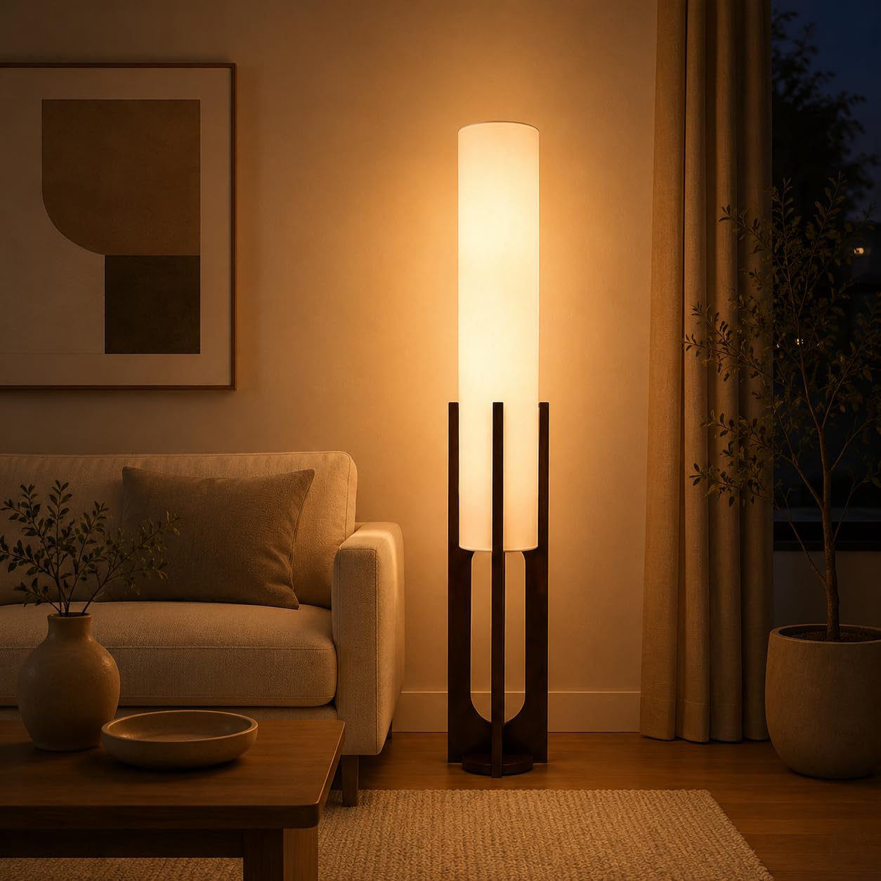 Lampadaire de salon 127 cm en bois, lanterne papier, 3 couleurs de lumière, Ampoule LED incluse, interrupteur au pied, style mid-century pour chambre, bureau, coin lecture et petits espaces