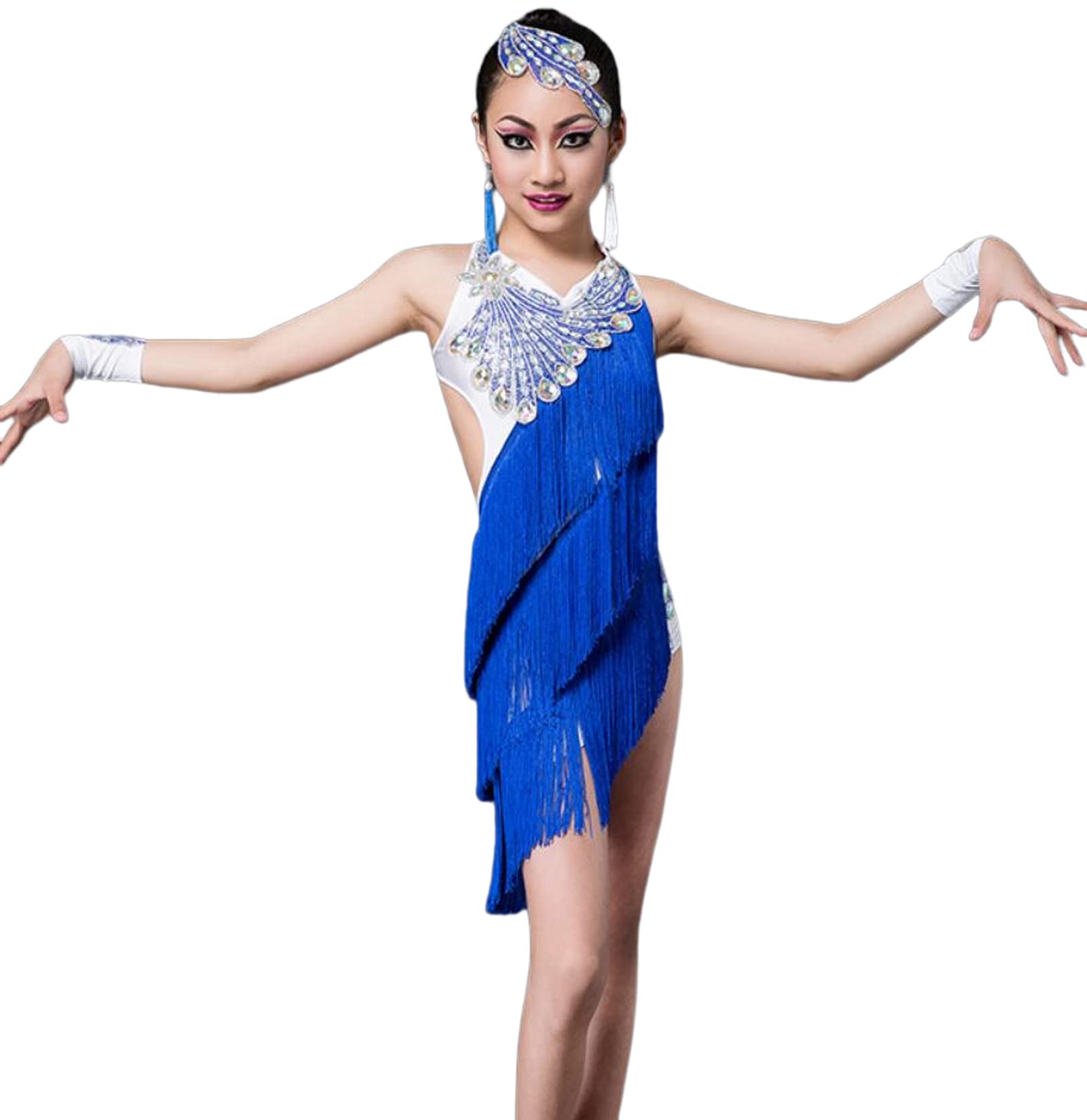 Dziewczyna taniec latynoamerykański sukienka cekiny pomponem samba konkurs sala balowa tango salsa odzież do tańca praktyka odzież konkursowa,Blue,160
