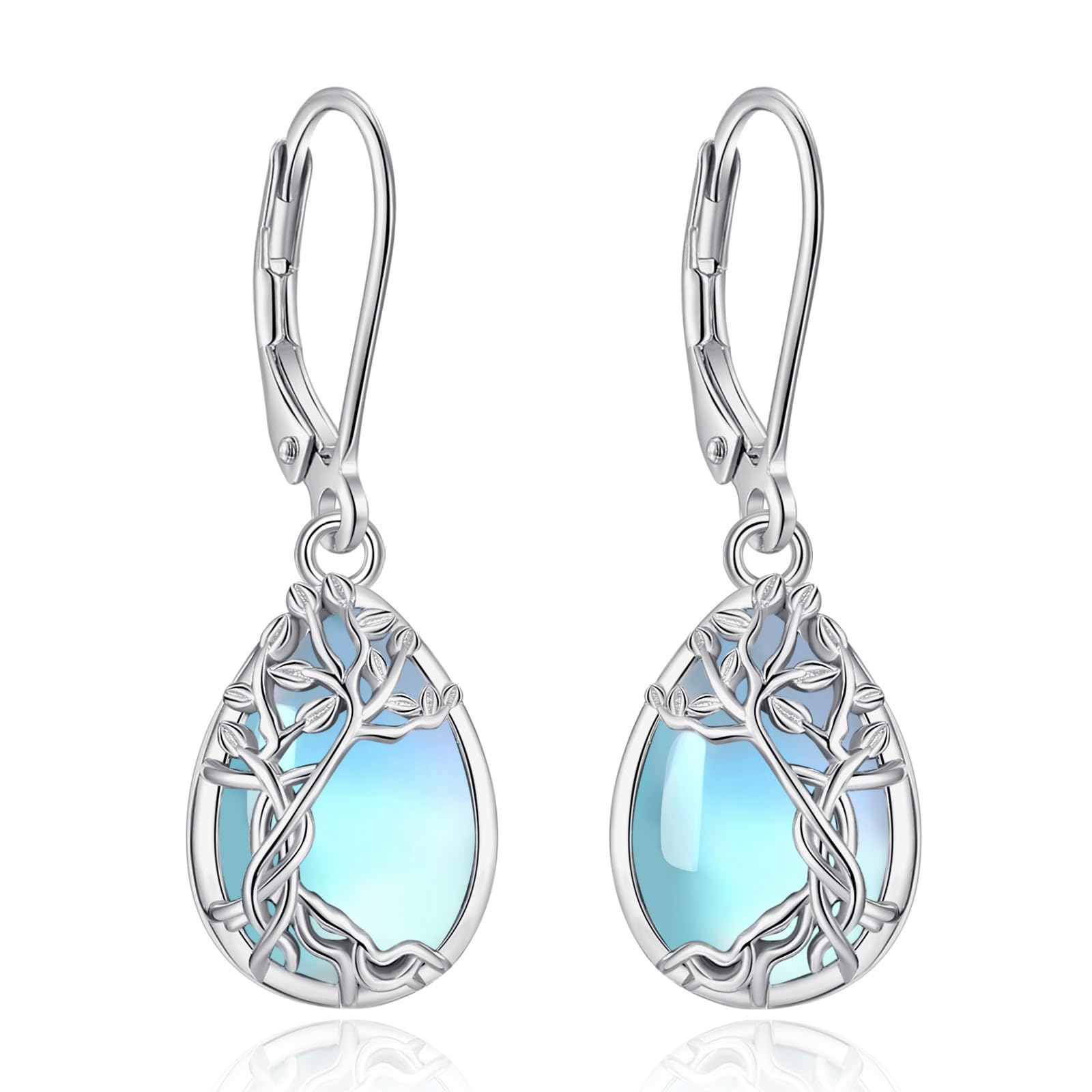 Plata de Ley 925 Pendientes de Árbol de la Vida/Tortuga Marina/Estrella de Mar/Serpiente Luna/Vaca Highland Pendientes de Turquesa Piedra de Luna Joyería Regalo para Mujer