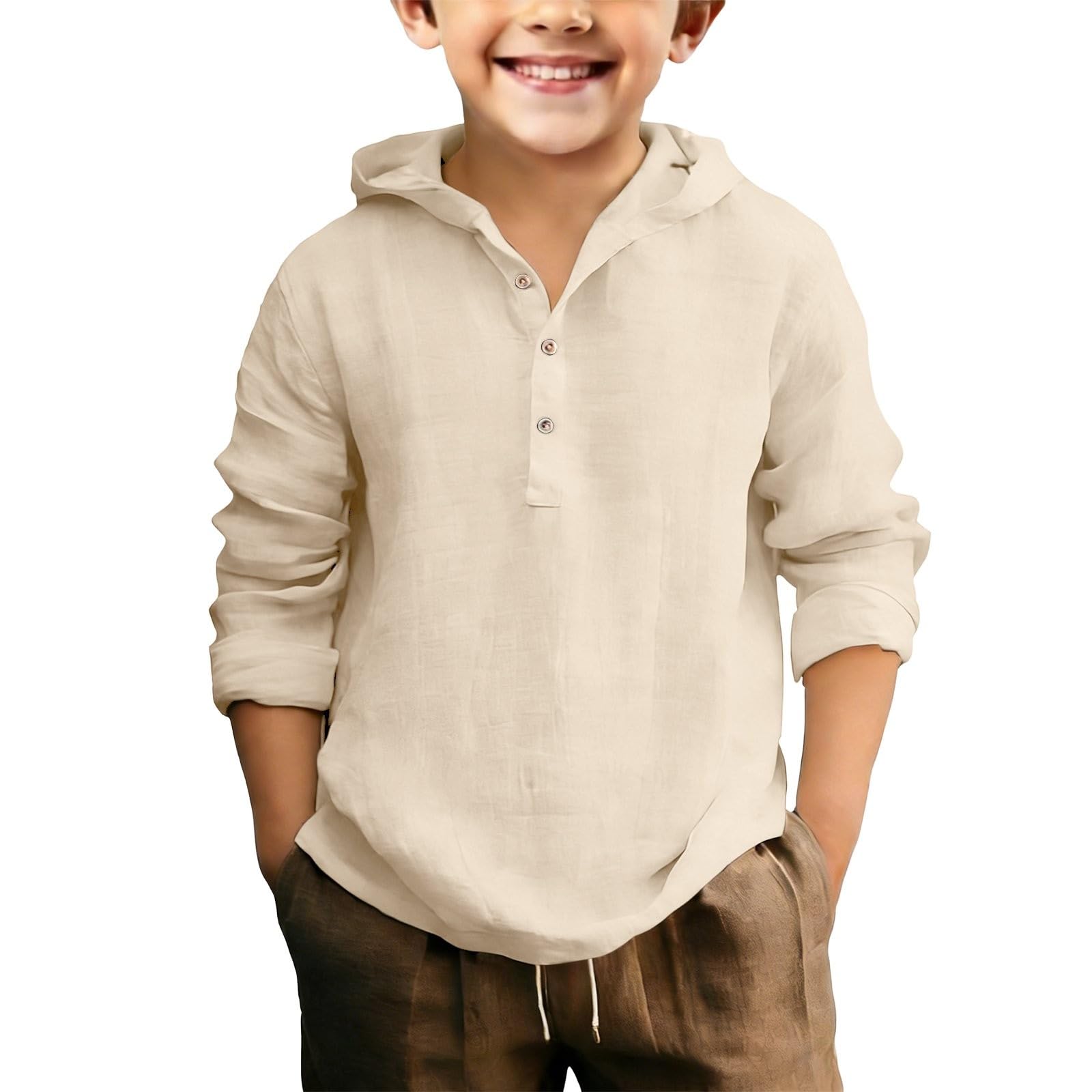 Baumwolle Leinen Hemd Jungen Langarm Henley Hemd mit Kapuze Kinder Button Down Hoodie Teenager Jungen Sommer Lässiges Kapuzenhemd Oversized Shirt Einfarbig Knöpfen Langarmshirts