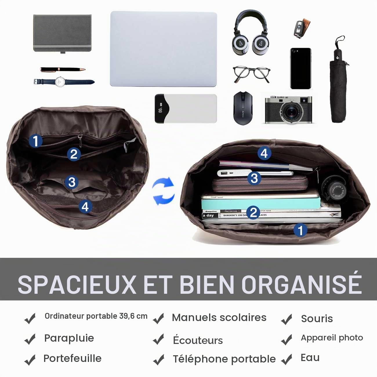 VASCHY Sac à dos pour ordinateur portable 15,6" unisexe 26,5 L, 0,85 kg, étanche, dos et bretelles rembourrés, poche arrière cachée, poches pour bouteille, travail et voyage