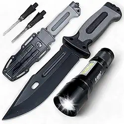 Kit Faca de Sobrevivência Militar com Ponta Quebra-Vidro – Lâmina de Aço Premium, Bússola Integrada e Pederneira para Emergências. Ideal para Aventuras, Camping e Situações Extremas