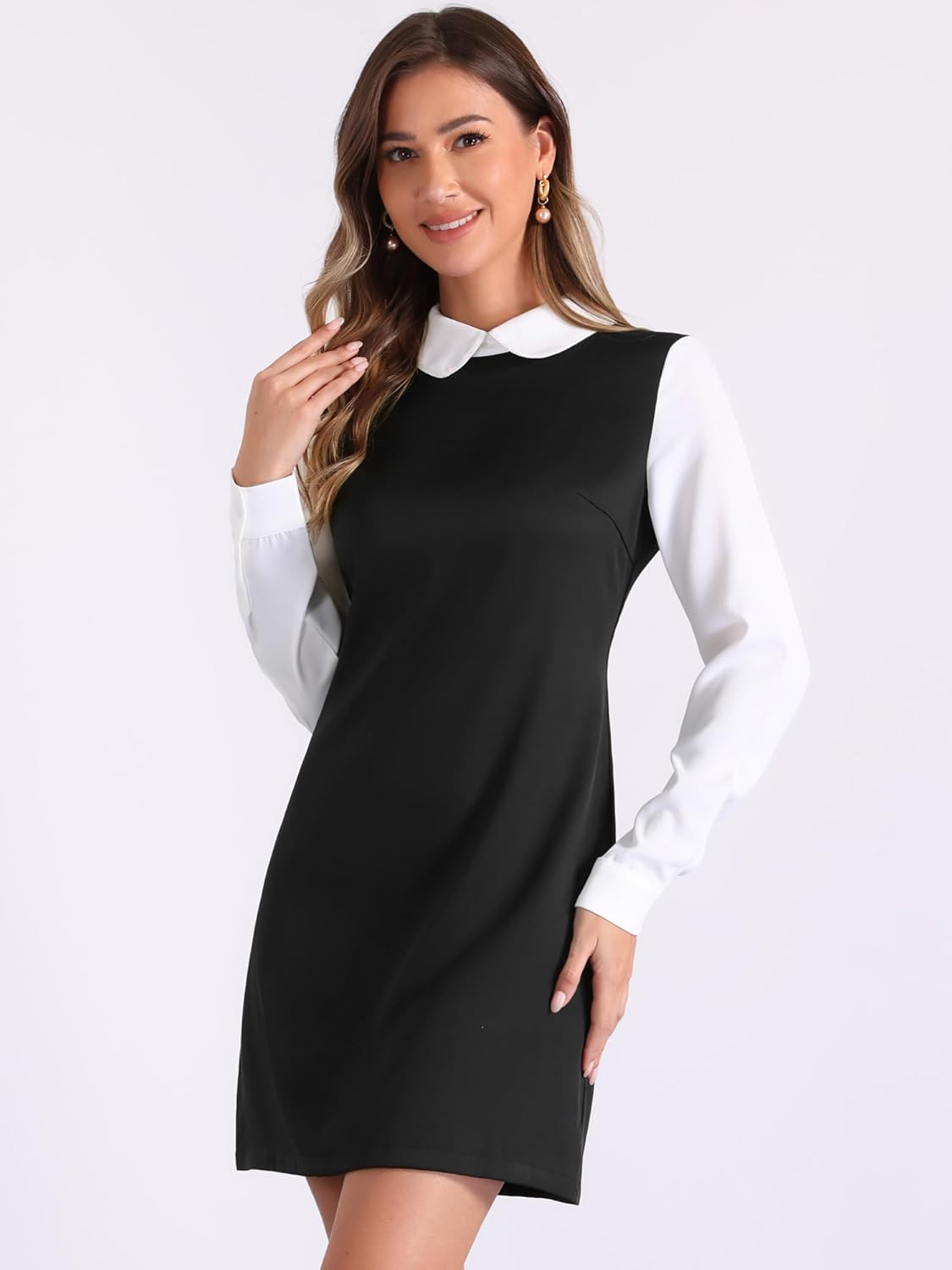 Allegra K Women's Peter Pan Dress 60s Color Block Mini Long Sleeve Dresses - Image 3