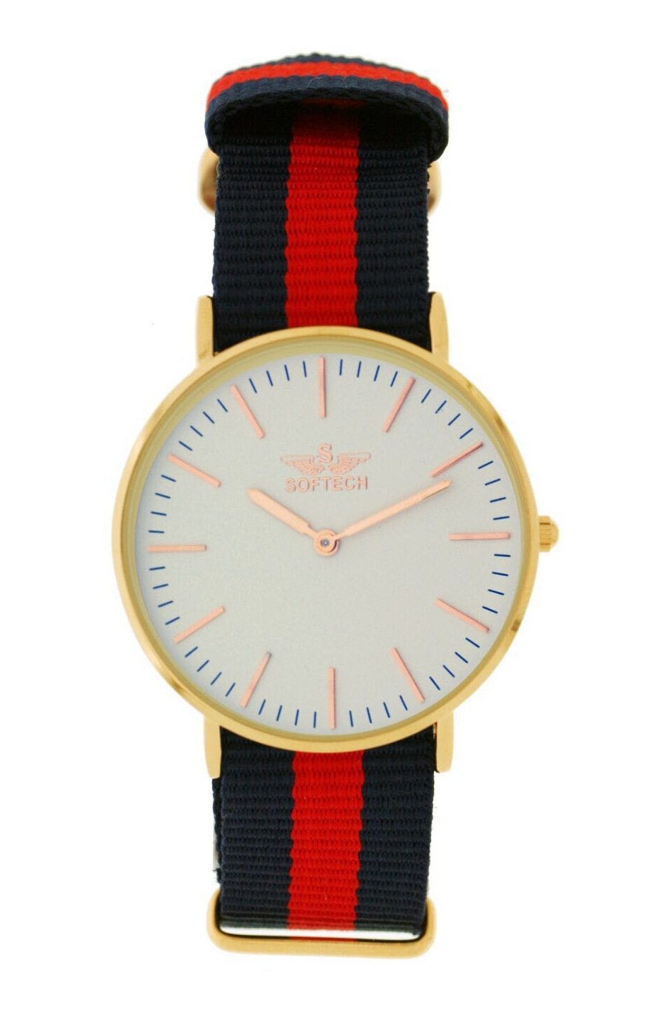 Softech Unisex Rose Gold Plated Red & Blue Nylon Strap Wrist Watch Analog Quartz One Extra Battery