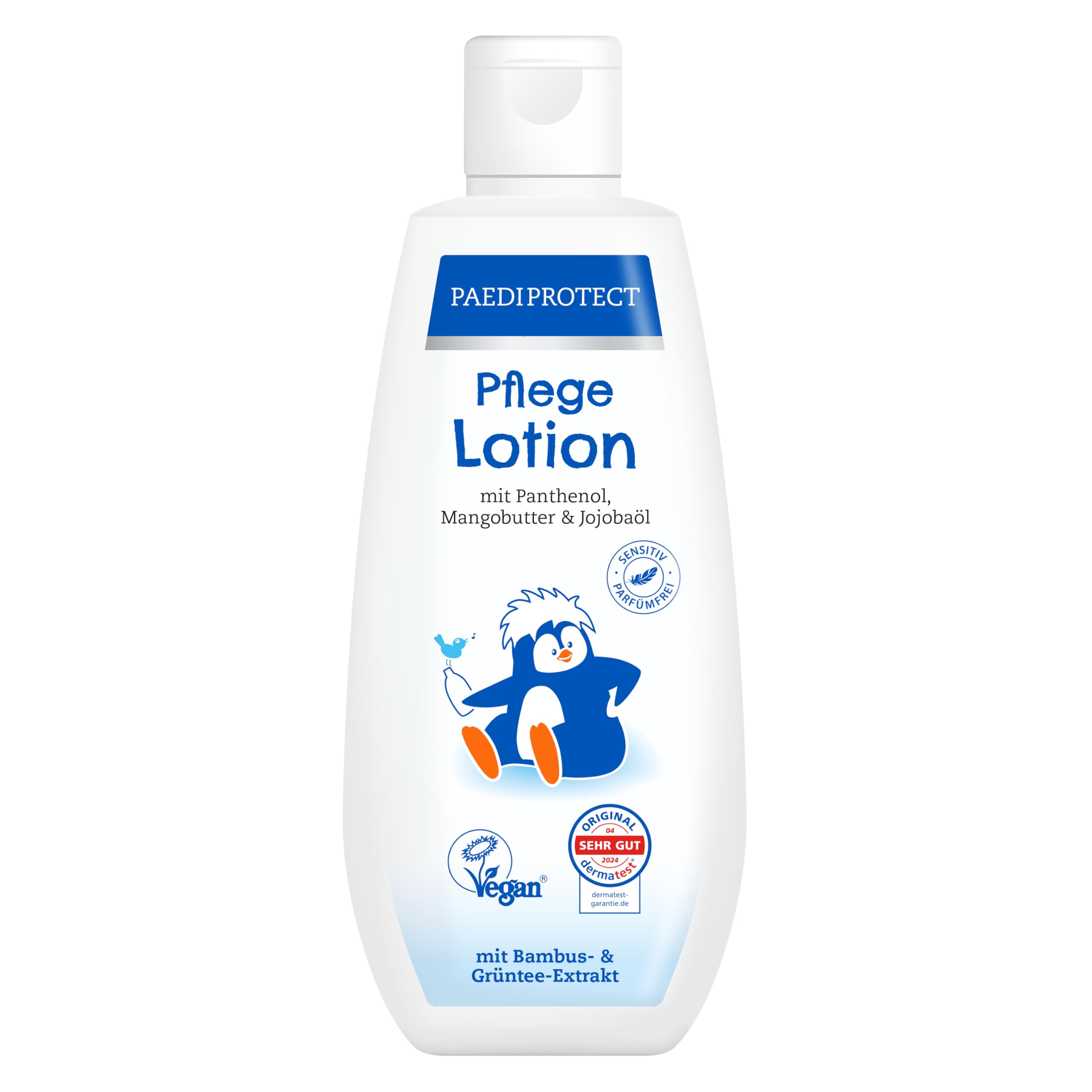 PAEDIPROTECT Pflegelotion Babys & Kinder 200 ml, Pflegelotion mit Panthenol, Feuchtigkeitspflege mit Jojobaöl & Mangobutter, für empfindliche und trockene Baby- und Kinderhaut, vegane Lotion