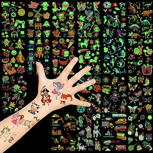 Temporary Tattoos for Kids, Konsait 250+pcs Glow In The Dark Mixed Style Cartoon Tattoo, Luminous Unicorn Mermaid Butterfly Shark Sweet Pirate Car Game Tattoos for Boys Girls Birthday Party Favors