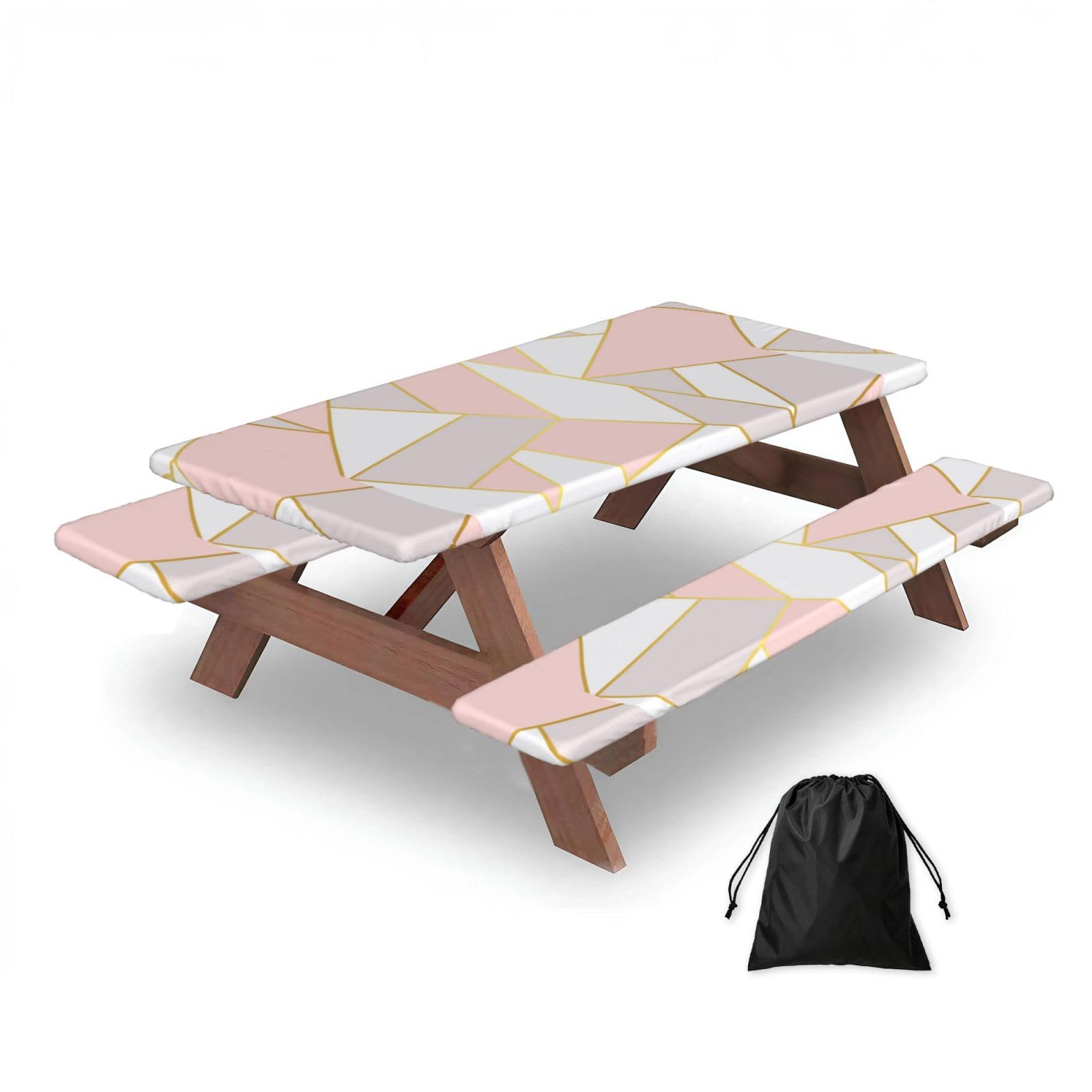 Pink Gray Geometric, Picnic Table Cover With Bench Covers -Waterproof Elastic Fitted Tablecloth for Garden Camping Patio 76x152cm