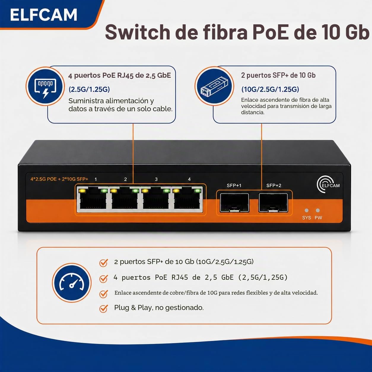 Elfcam® - 10Gbps Fibre Optic Switch Compatible with Cisco, with 2 x 10G SFP+ Puertos y 4 x 2.5 Gigabit Ethernet RJ45 PoE Ports, Plug & Play Unmanaged (2 x 10Gb SFP+ Puertos y 4 x 2.5G RJ45 PoE)