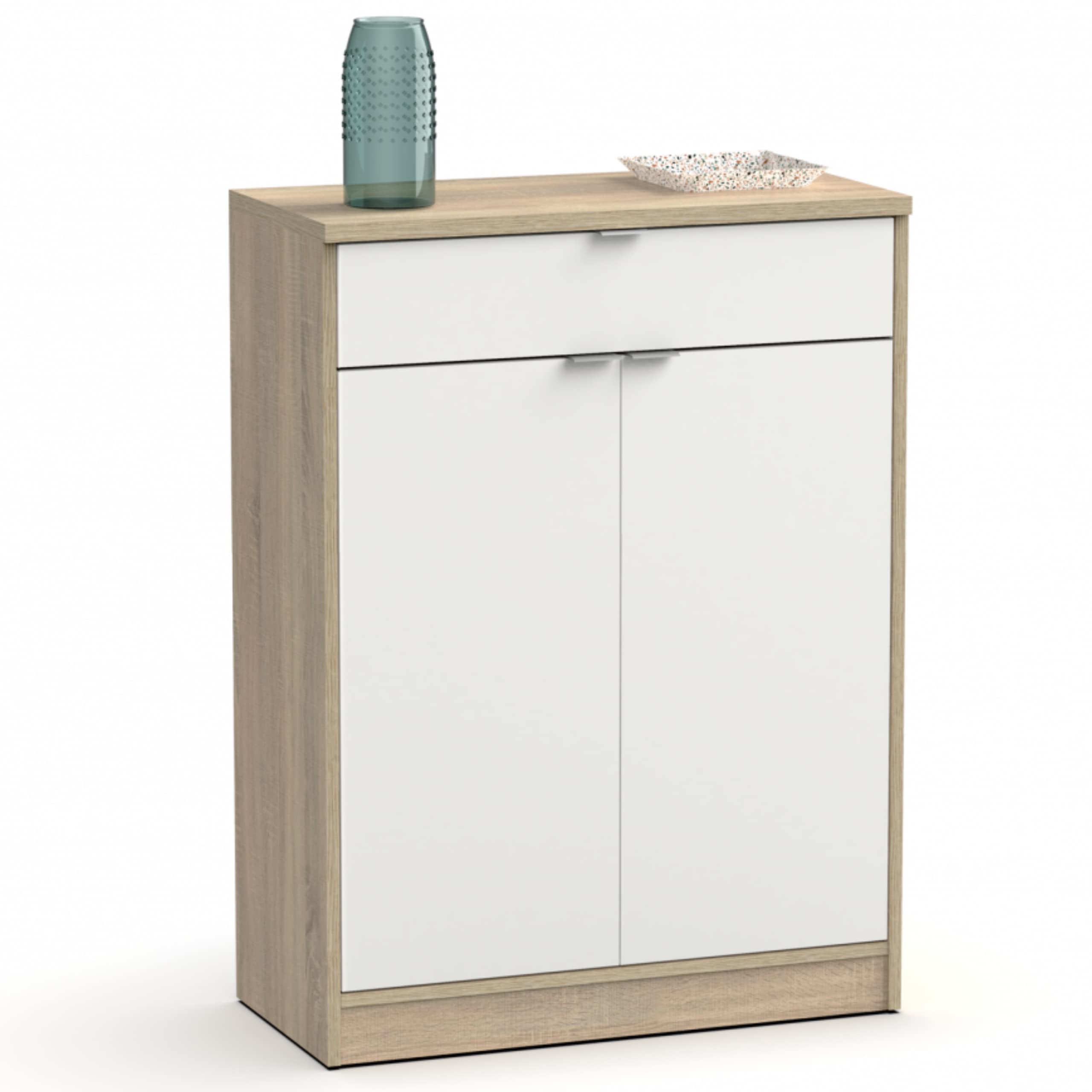 MUEBLES PITARCH | Recibidor Zapatero Mueble Auxiliar de Entrada con cajón y 4 estantes Regulables, Blanco Alto Brillo y Roble Cambrian, 20 Pares de Zapatos, 101x75x36cm, Modelo Berlín