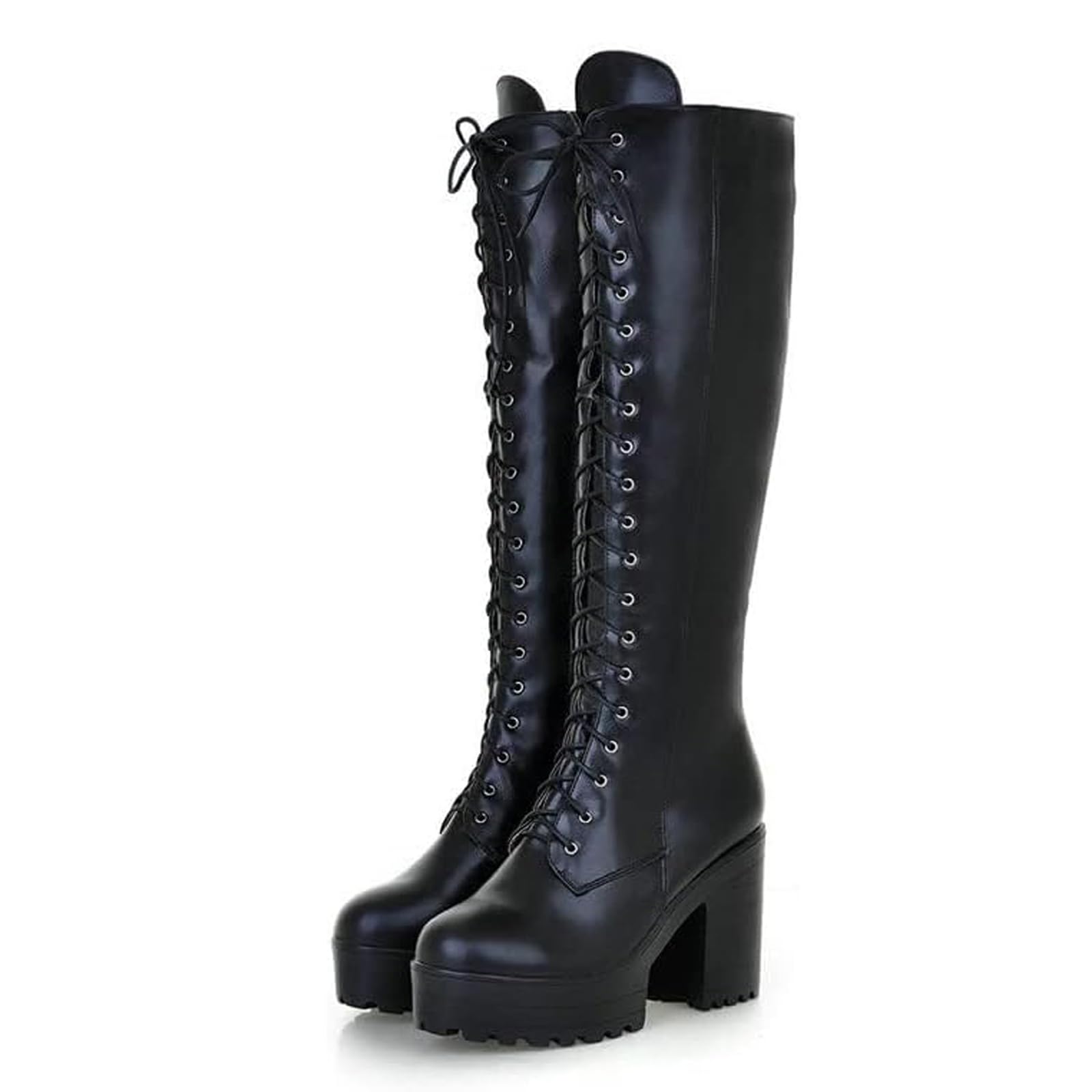 Womens Pu Leather Knee High Riding Combat Boots Lace up Chunky Heel Long Boot