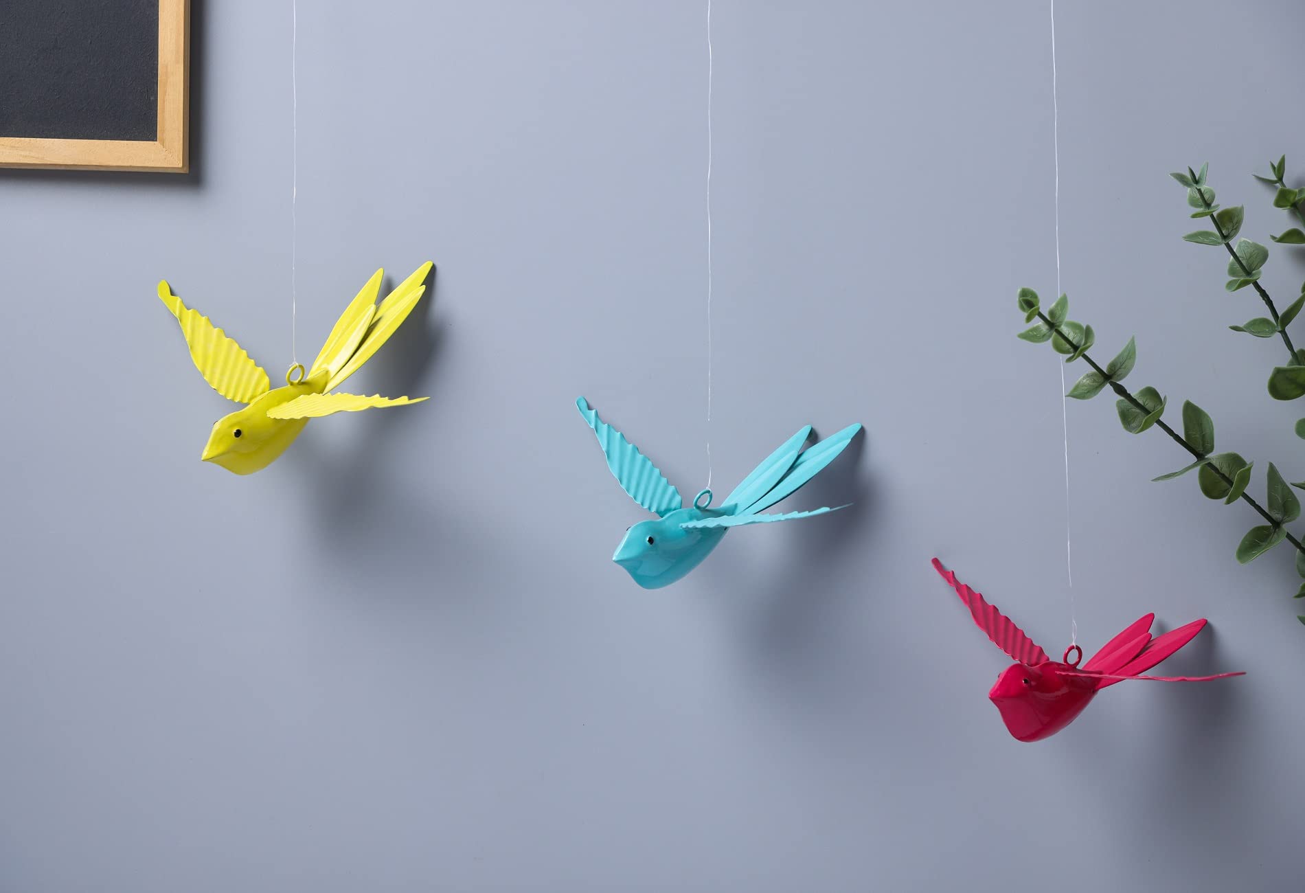 dudki Hanging Decorative Bird for Home Balcony and Garden Decor Large (Set of 3 -Pink,Aqua,Yellow),Metal 2