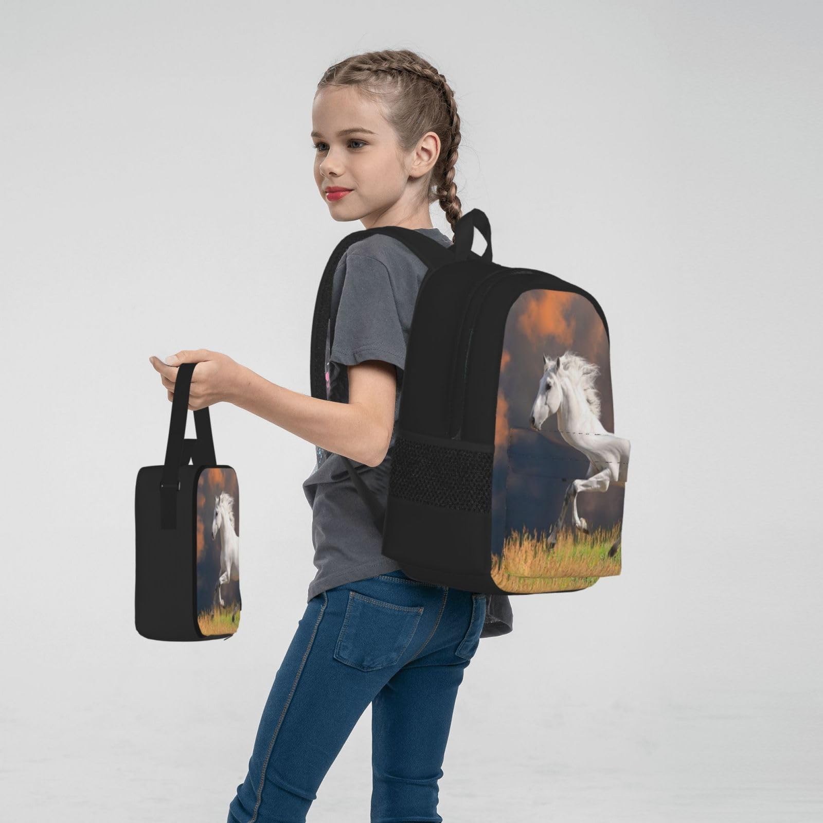 YSOLDA Juego de mochila, mochila escolar, mochila, juego de 3 piezas con bolsa de almuerzo, estuche para lápices,Patrón de caballos blancos