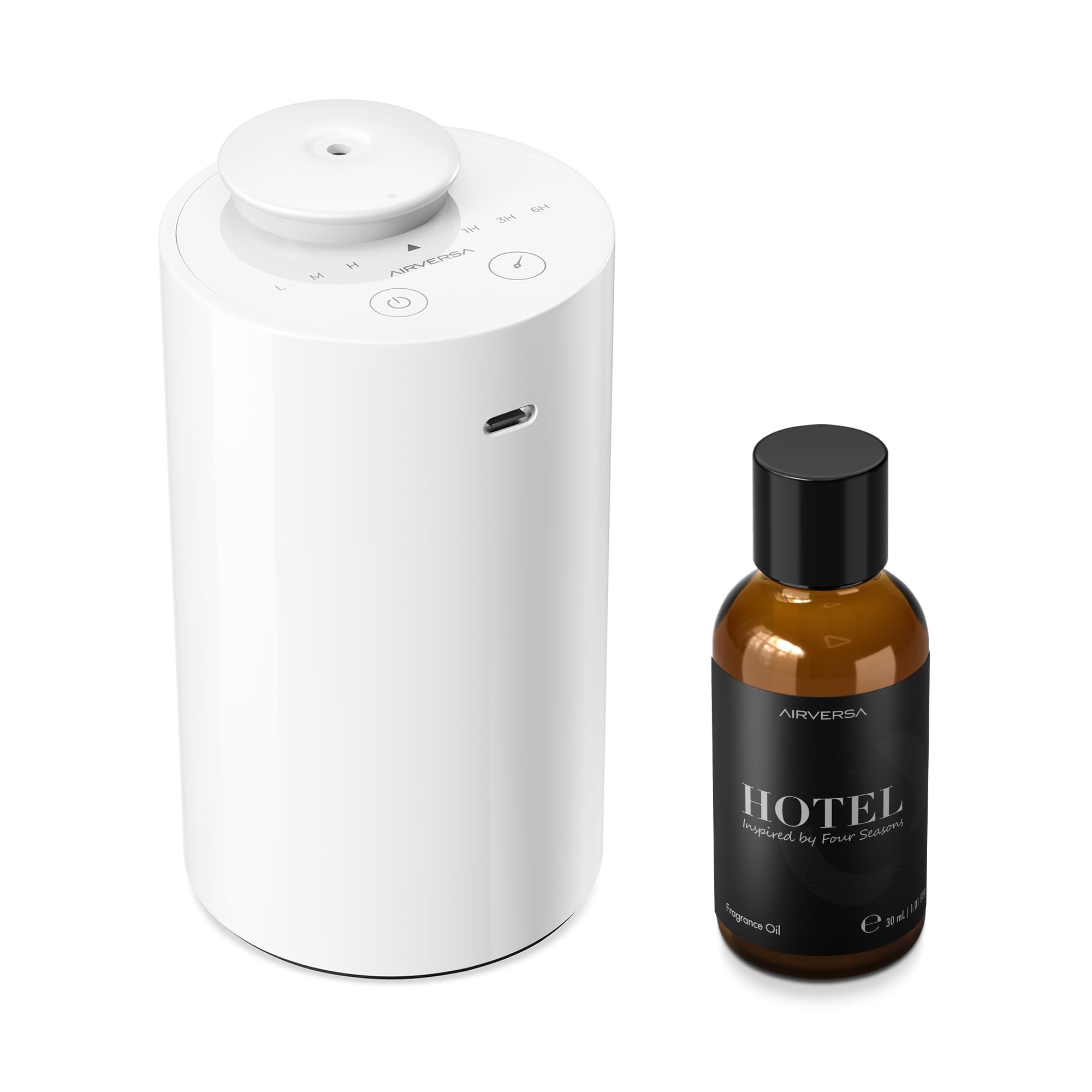 Airversa Waterless Essential Oil Diffuser Starter Kit with 30mL Fragrance Oil Inspired by Four Seasons Hotel, Battery Operated Mini Scent Air Machine Portable Diffuser for Home Car Office, White AN6