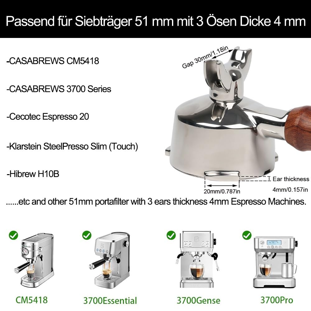 Portafiltro de 51 mm para Cecotec Power Espresso 20/Casabrews CM5418 con doble caño – Soporte de filtro de acero inoxidable con colador – Mango de madera