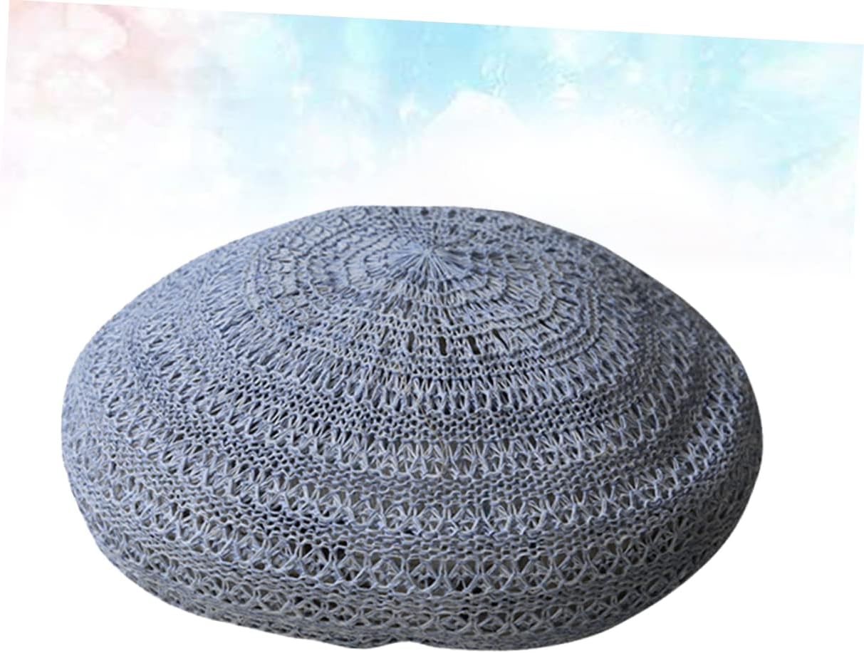 TENDYCOCO Summer Straw Beret Hat for Women - Vintage Hollow-Out Woven Travel Cap Light Blue Casual Outdoor Vacation Accessory